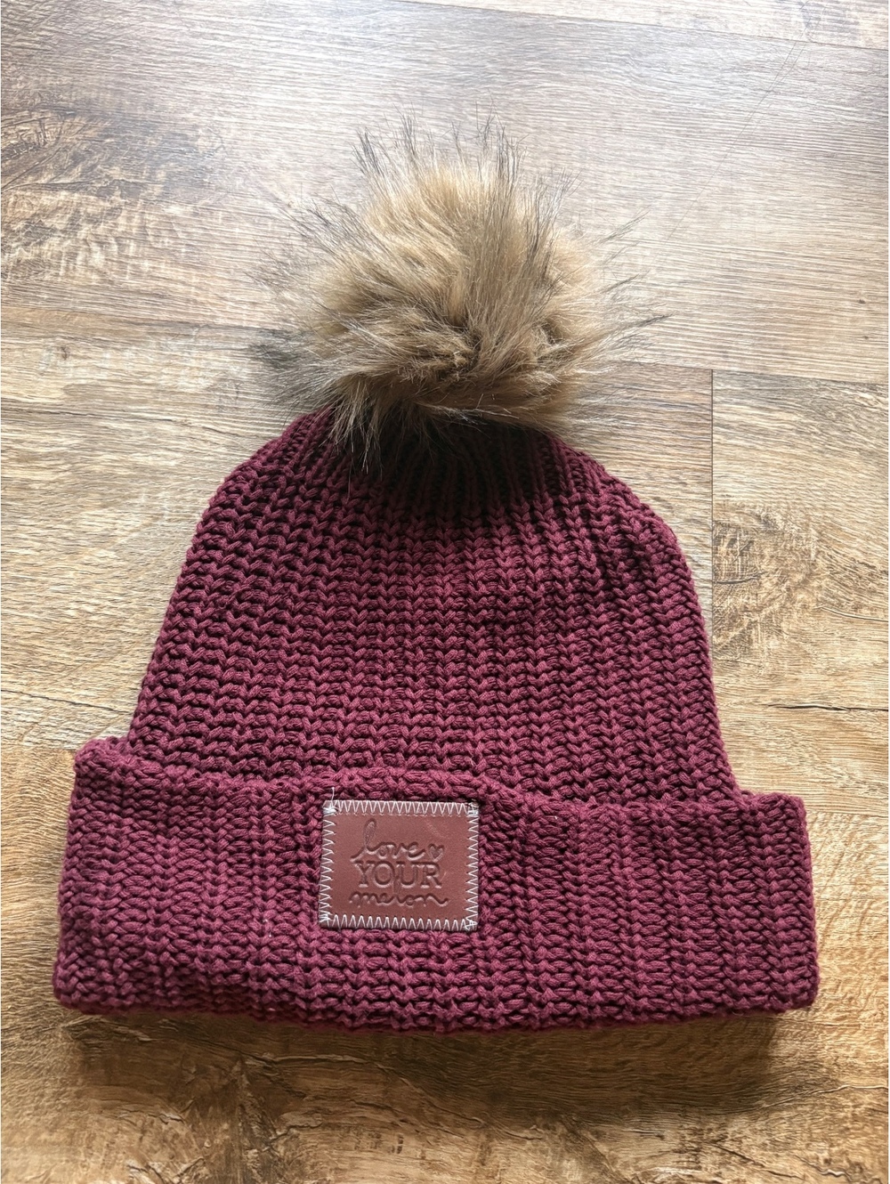 Love Your Melon Maroon Knit Beanie with Faux Fur Pom Pom One Size